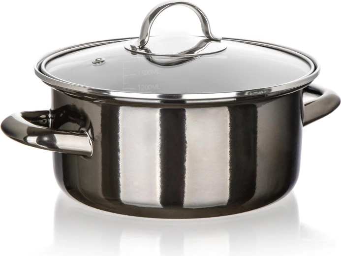Casserole émaillée avec couvercle en verre 20 cm, 2 l, Metallic Black