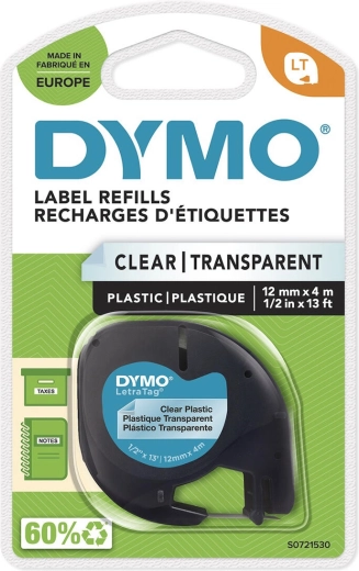 Ruban DYMO LetraTag 12 mm x 4 m, plastique transparent