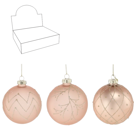 Set de boules de Noël en verre 8 cm couleur beige, motifs assortis (12 pcs)