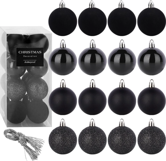 Boules de Noël noires incassables 5 cm, lot de 16 pièces