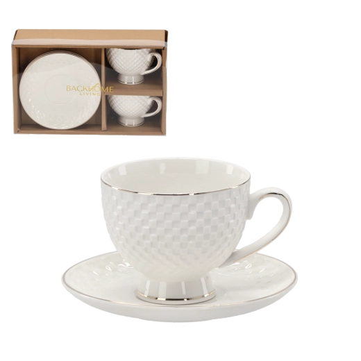 Set de 2 tasses à relief avec sous-tasses 250 ml avec bande décorative dorée