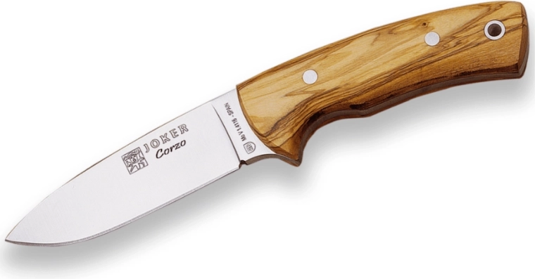 couteau de chasse Joker Corzo 10 cm, bois d’olivier, étui en cuir