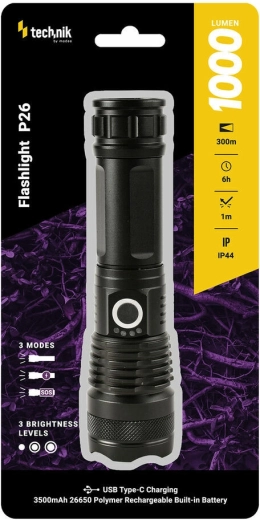 Lampe rechargeable Technik MT-P26 avec USB‑C, zoom et fonctions SOS/stroboscope