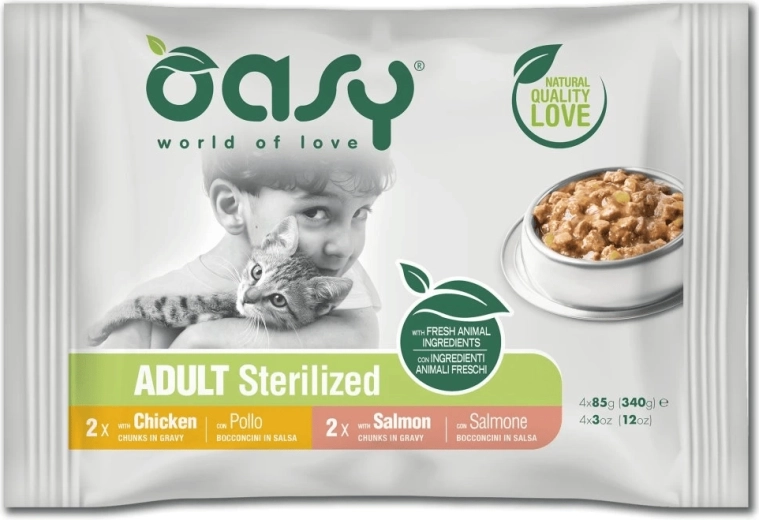 Oasy sachets pour chats stérilisés en sauce, assortiment de saveurs 4×85 g