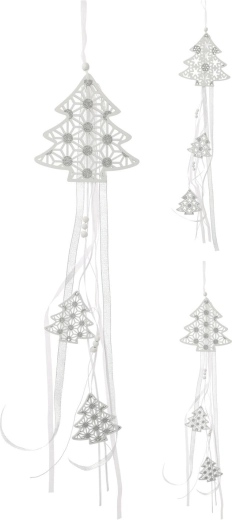 Décoration suspendue en bois arbre 16 cm avec rubans, blanc/argent