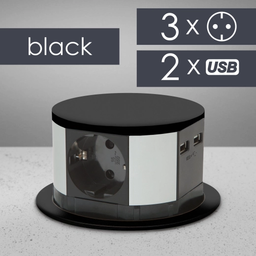 Prise électrique encastrable escamotable avec 3 prises, USB-A et USB-C, noire