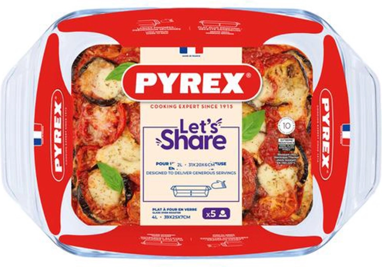 Plat à rôtir en verre avec poignées Pyrex 39 × 25 cm, 4 l, borosilicate