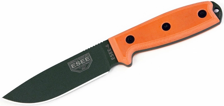 ESEE 4P OD couteau universel 11,4 cm, finition noire, poignée orange en G10, étui en plastique