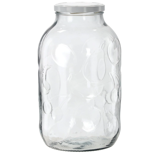Bocal en verre de 5 l avec relief fruité et couvercle émaillé 100 mm