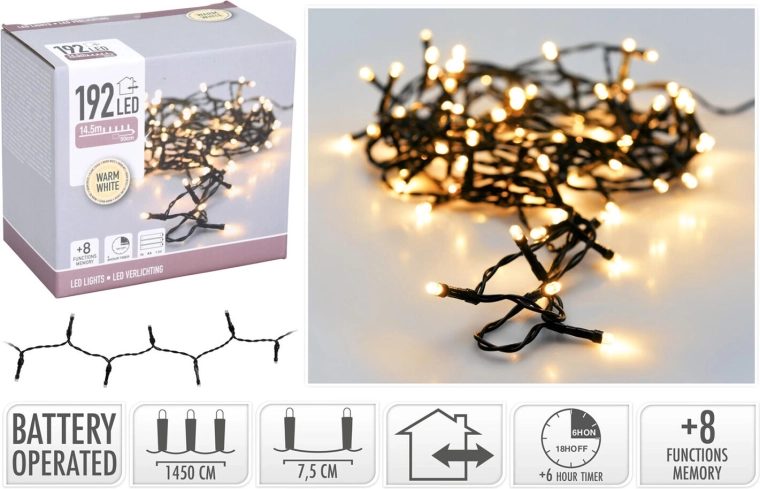 Guirlande lumineuse LED de Noël 15 m, 192 LED, blanc chaud, 8 fonctions, IP44