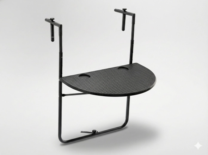 Table de balcon suspendue pliable, demi-ronde, aspect rotin noir