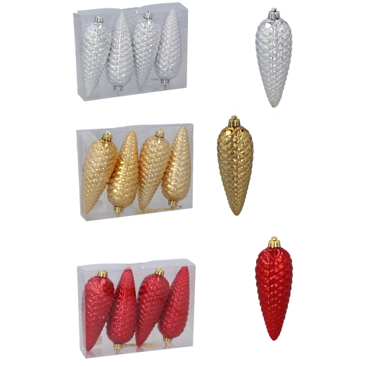 Set de décorations de Noël pommes de pin 14 cm, mates, rouge/or/doré/argenté, 4 pcs