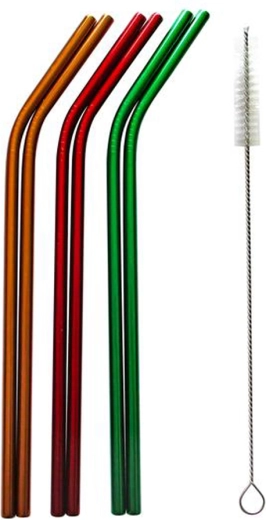 Set de pailles en acier inoxydable 6+1 avec brosse de nettoyage – noir/bleu/vert