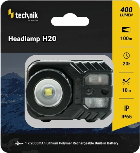 Technik MT-H20 lampe frontale avec surface caoutchoutée, LED CREE XPG-2, micro-USB, lumière rouge