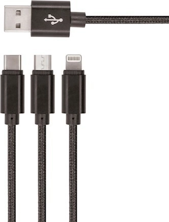 Setty câble USB en nylon 3‑en‑1 microUSB, Lightning, USB‑C 1 m – noir