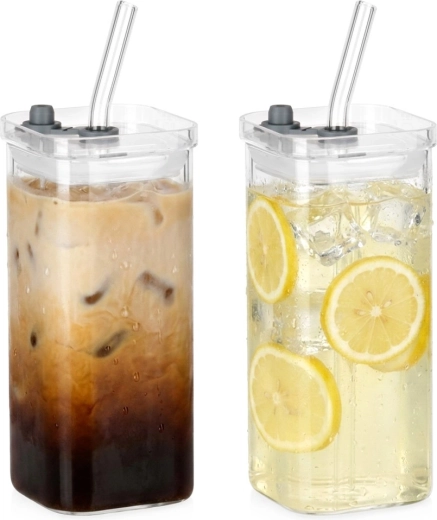 Tasses en verre Vilde avec couvercle et paille 340 ml, 2 pcs