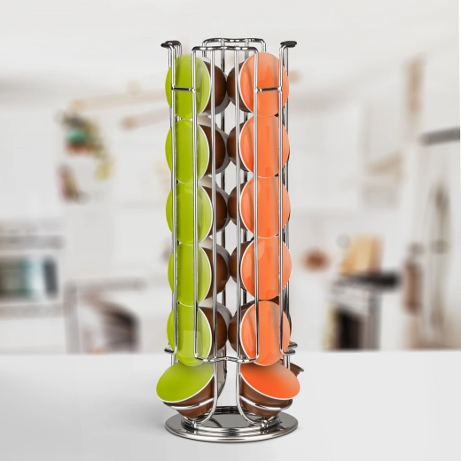 Support métallique rotatif pour capsules Dolce Gusto, 24 capsules, chromé