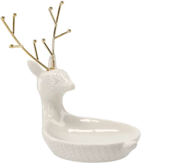 Support à bijoux en céramique en forme de cerf, blanc avec détails dorés