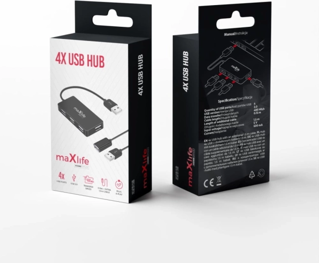Maxlife home office hub USB 4× USB 2.0 noir 1,5 m