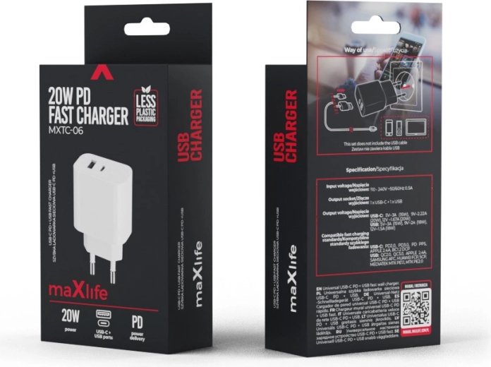Chargeur Maxlife PD/QC 20 W, 1× USB‑C + 1× USB, blanc