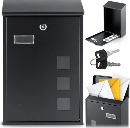 Boîte aux lettres en métal 39,5 × 25,5 × 12 cm noire avec fente supérieure