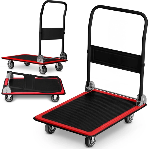Chariot plateau pliant pour le transport de charges 300 kg – noir‑rouge