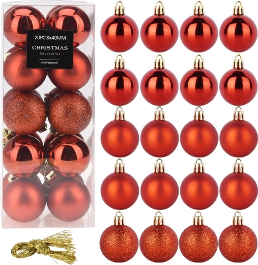 Boules de Noël rouges incassables 4 cm, lot de 20 pièces