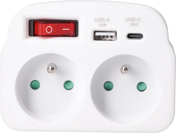 Solight bloc multiprise avec 2 prises, charge rapide USB-A et USB-C 20 W PD, blanc