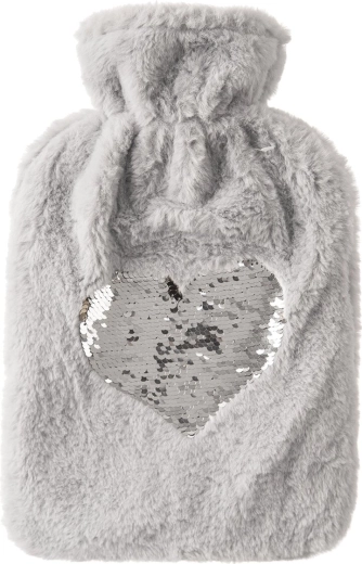 Bouillotte grise 1,6 l avec housse en peluche et cœur à sequins