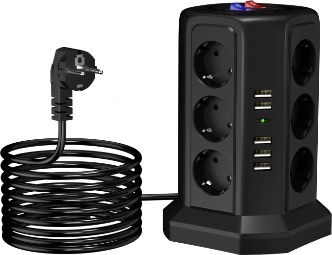 Multiprise verticale parafoudre sur pied 12 prises + 5 USB avec reset