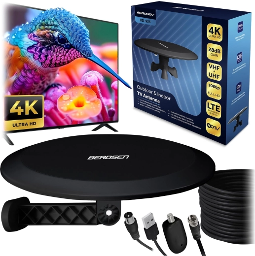 Antenne TV intérieure et extérieure Ultra HD 4K BERDSEN BD-955 noire