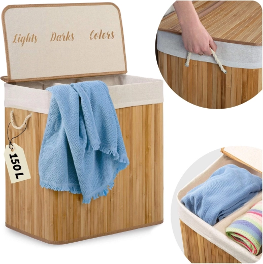 Panier à linge en bambou 150 l avec 3 compartiments et couvercle MASSIDO