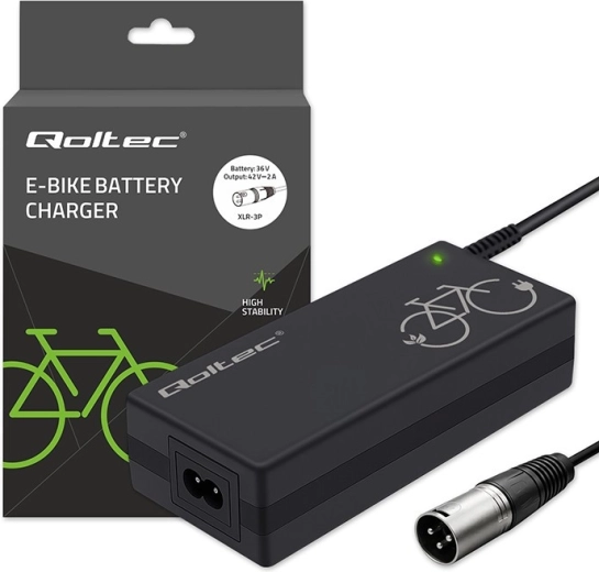 Chargeur pour vélos électriques 36 V (42 V, 2 A) avec connecteur 3P XLR 18 mm + câble d’alimentation