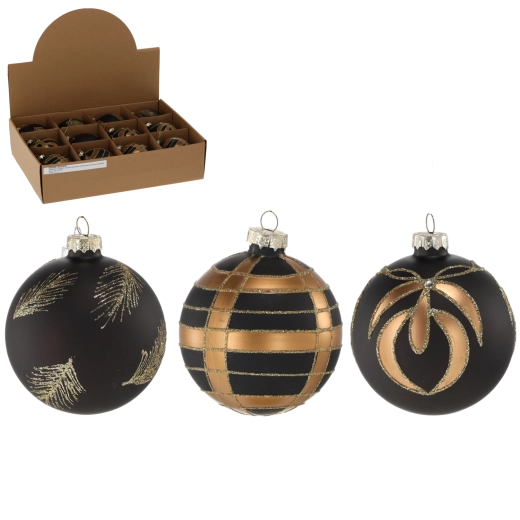 Boules de Noël en verre 8 cm noir mat avec décor doré, lot de 12 pièces