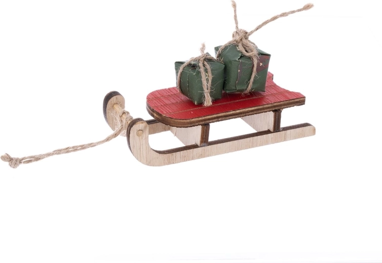 Mini traîneau décoratif en bois beige-rouge 11 cm