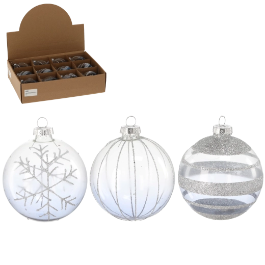 Boules de Noël en verre 8 cm transparentes, décorées à la main – lot de 12 pièces