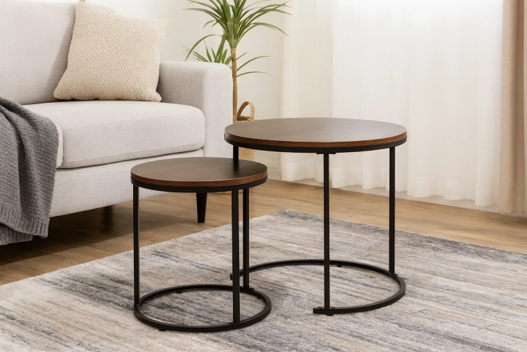 Table basse ronde en deux pièces avec décor bois et métal noir