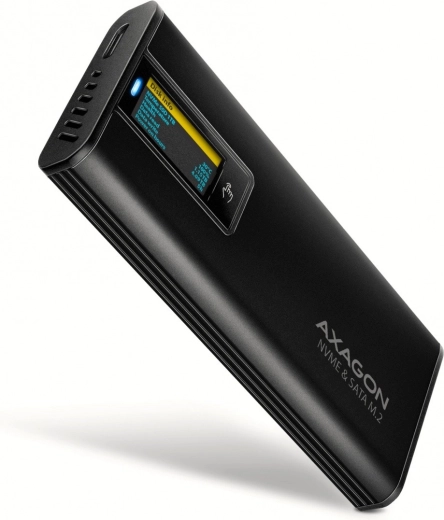Axagon EEM2-SD2B boîtier externe en aluminium pour M.2 NVMe/SATA, USB‑C 3.2 Gen 2, écran LED, noir