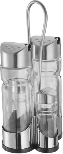 Set d’assaisonnement avec support – salière et poivrière en verre, flacons à huile et vinaigre en inox