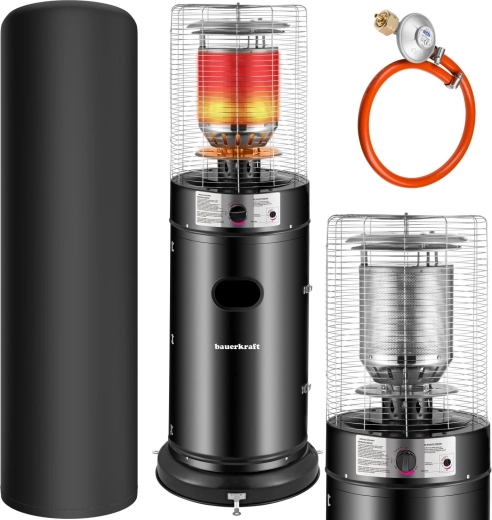 Chauffage de terrasse au gaz 11 kW avec écran en verre, détendeur, tuyau et housse