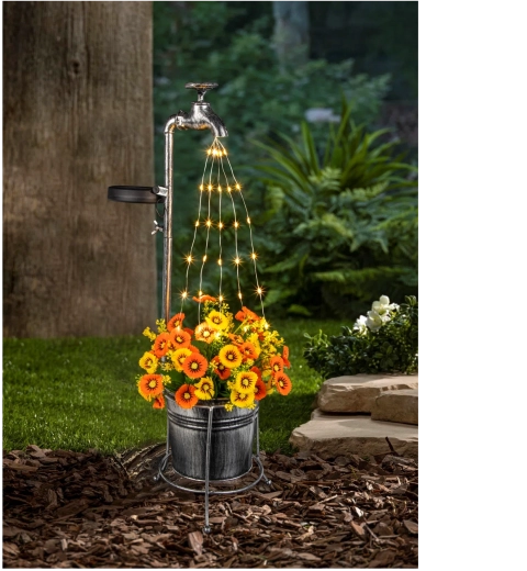 Lampe de jardin solaire avec robinet et pot de fleurs, 30 LED blanc chaud, 60 cm