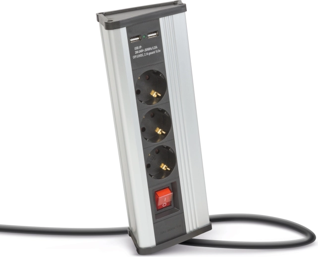 Bloc multiprise d’angle avec interrupteur et ports USB, en aluminium