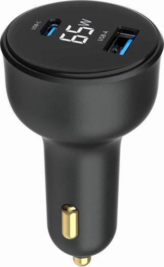 Chargeur voiture rapide 2× USB‑A + USB‑C PD avec LCD, 65 W, noir