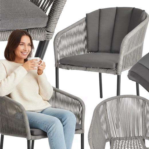 Chaise de jardin Victoria en polyrotin avec coussin, gris