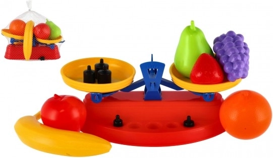 Set de fruits en plastique avec balance de cuisine en filet
