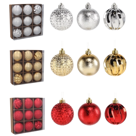 Set de boules de Noël 6 cm – rouge, or et argent (9 pcs)