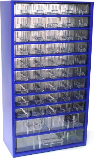 Armoire à tiroirs métallique pour pièces TOKOZ, 45 petits + 2 moyens + 1 grand tiroir, 30,5 × 55 × 15,5 cm, bleu