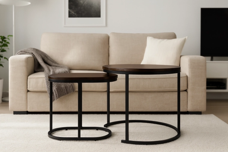 Ensemble de tables basses, ronde et ovale, décor bois brun