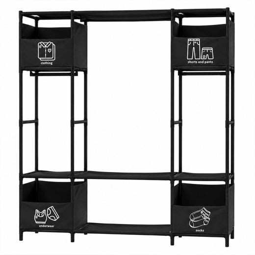Armoire textile ouverte avec étagères et barres pour vêtements, noire