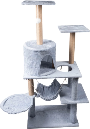 Griffoir pour chat gris avec maisonnette et couchages – 5 niveaux